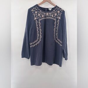 J. Jill Double Cloth Tunic Blouse in India Ink/Cashew Embroidery Size Large
